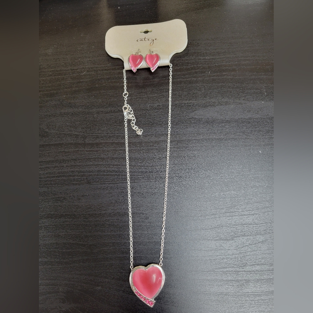 Heart Pendant Necklace and Earring Set - Pink